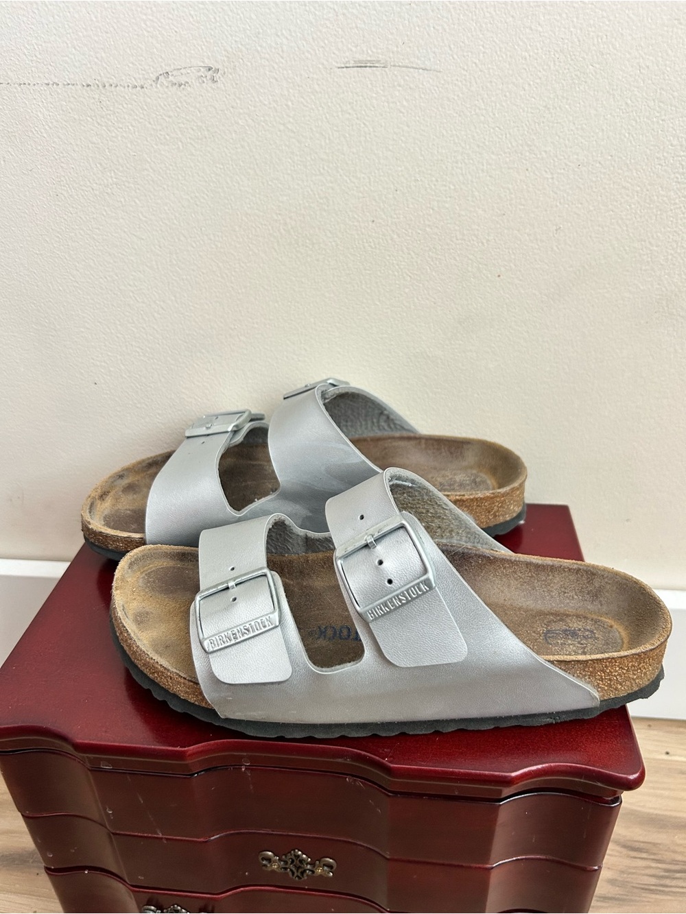 Birkenstock Arizona Birko-Flor Silver Two Strap Sandal 8.5/ 39 N